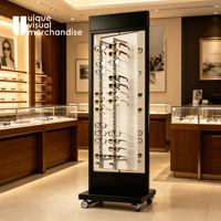 Présentoir à lunettes sur pied blanc en promotion avec roulettes pivotantes pour exposition de montures