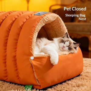 Nid de chat semi-fermé chaud, sac de couchage thermique d'hiver <span class=keywords><strong>pour</strong></span> animaux de compagnie, lit en similicuir coupe-vent portable <span class=keywords><strong>pour</strong></span> petits animaux d'intérieur - Product Image 1