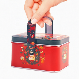 Boîte cadeau de Noël en fer blanc avec poignée, vide, pour bonbons, biscuits, chocolats, motif Père Noël, 10,5 x 8 x 6,3 cm - Product Image 1
