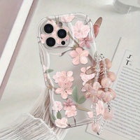 Coque de téléphone portable motif fleurs de cerisier tendance avec chaîne pour iPhone 16 Plus 15 17 18 Pro Max, coque arrière crème