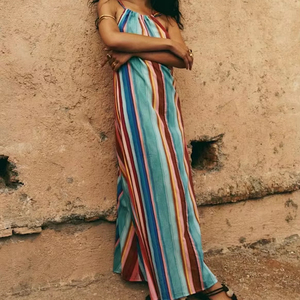 Women's <b>Boho</b> Multicolor Striped Halter Neck Sleeveless Flowy Maxi <b>Dress</b>-Casual <b>Summer</b> Beach Cover-Up Vacation - Product Image 1