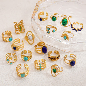 European American Natural Stone <b>Ring</b> Retro Light Luxury Open <b>Titanium</b> Steel 18k Gold Unisex Jewelry Gift - Product Image 1