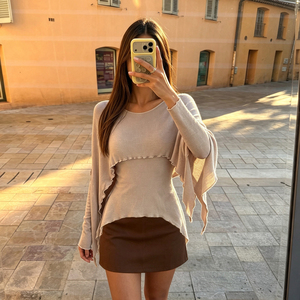 Top de punto con mangas de murciélago de efecto superpuesto, capa asimétrica, corte holgado, estilo francés elegante, informal de otoño, manga larga - Product Image 3