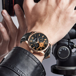 Men's Stainless Steel Quartz <b>Watch</b>, 42mm Round, Leather Strap, <b>Arabic</b> Numerals, Three Eyes, Six Hands, Multifunctional <b>Watch</b> - Product Image 6