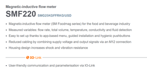 เซ็นเซอร์วัดการไหลแบบแม่เหล็กเหนี่ยวนำ IFM SMF220 สำหรับงานสุขภัณฑ์  พร้อมสารเคลือบ PFA เกรดอาหาร  มาตรฐาน IP69K รองรับ IO-Link สำหรับการผลิตนมและเครื่องดื่ม - Product Image 1