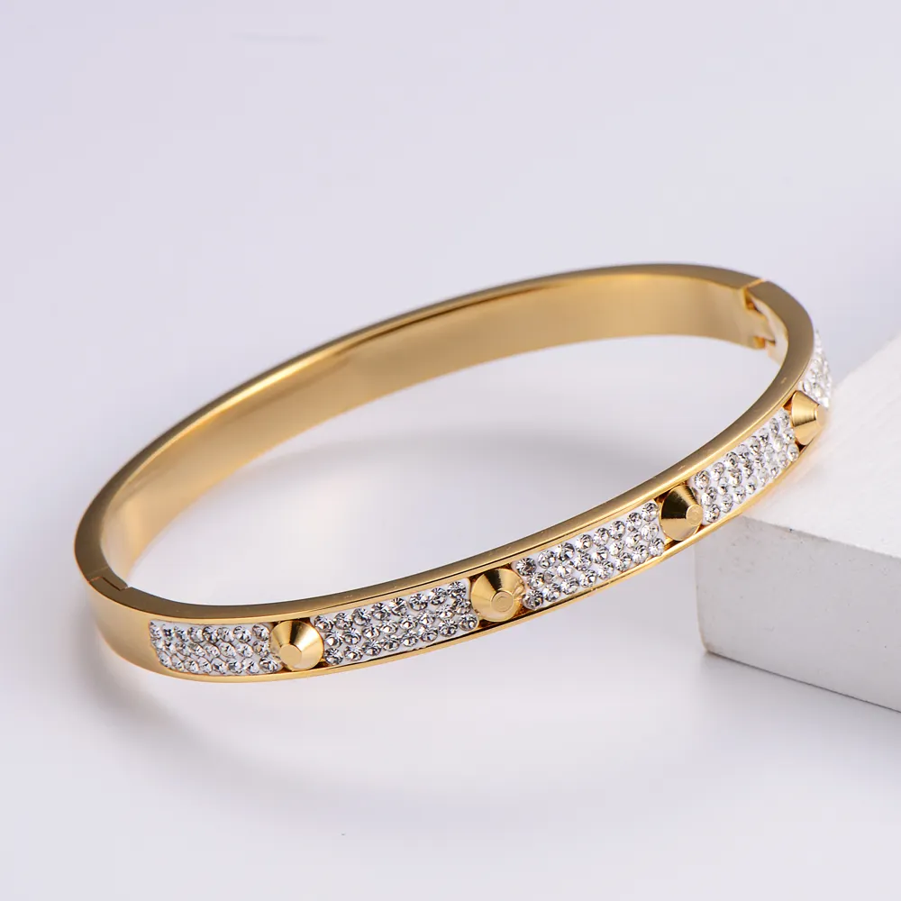 Pha lê Rhinestone thép không gỉ Spike Bangle hip hop Bling Iced ra người đàn ông của rapper Vòng đeo tay đầy đủ