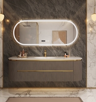 Luxe Chêne Roche Plaque Céramique Sans Soudure Bassin Lavabo Semi-Circulaire Arc Lumière Salle De Bains Armoire pour Hôtel