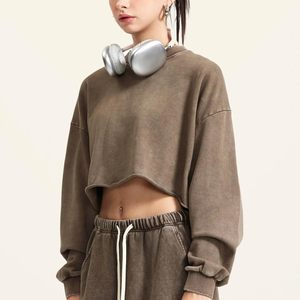 Sudadera Corta con Efecto Ácido FOXA para Mujer, Manga Larga, Hombros Caídos, Cuello Redondo, Top Corto, Mezcla de Algodón, Tejido Transpirable - Product Image 5