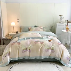 Sarung duvet anak perempuan cetak kupu-kupu cantik merah muda musim panas keren serat lyocell sprei biru set seprai tekstil rumah grosir