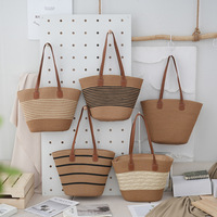 Style campagnard français coton corde tissé grande capacité femmes sac à bandoulière rayé plage panier bord de mer fourre-tout deux poignées ouvertes