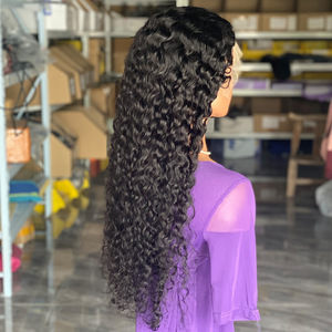 Promotion Perruque noire en cheveux humains vierges 100% tissés à la main, densité 180, ondulations aquatiques, petites boucles, cheveux longs, perruques Lace Front - Product Image 3