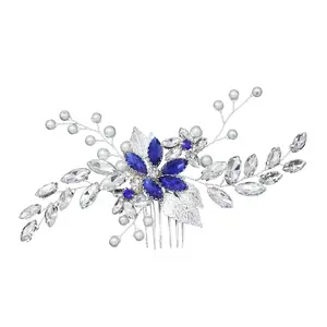  Hoge Kwaliteit Blauwe Strass Zilveren Haarstuk Bruiloft Bruids Haaraccessoires Haarkam