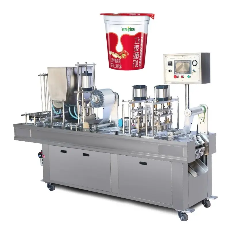 Mesin pengisi gelas buah plastik air otomatis penuh cangkir Yogurt membentuk mesin penyegel