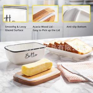 Beurrier en céramique avec couvercle en bois, rectangulaire, hermétique, vaisselle de cuisine - Product Image 3