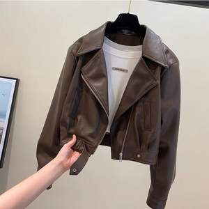 Spring Summer Casual Lightweight Sliming <strong>Women</strong> <strong>Petite</strong> Size Cropped Notched Lapel Short Vegan <strong>Leather</strong> Coat Faux <strong>Leather</strong> <strong>Jacket</strong> - Product Image 2