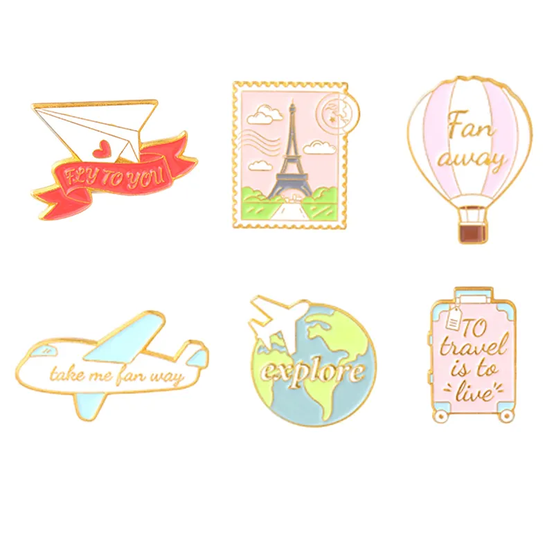 Hot Sale Cute Travel Explore Enamel Pins New Arrival Creative Paper Airplanes Stamps Luggage Lapel Pins