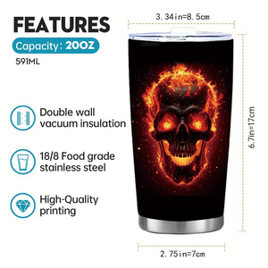 Draagbare 20Oz Roestvrijstalen 304 Dubbelwandige Beker 3d Vlamschedels Ontwerp 3d Bedrukt Metalen Relatiegeschenk Mok Stro Thermisch - Product Image 4