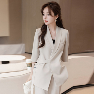 Women's Suit Set Solid Color Three Quarter Sleeve Belted Breathable Satin Casual Professional Style 2025 Summer Thin Fit - Product Image 4