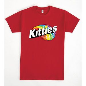 T-shirt rossa con stampa arcobaleno Kitties, abbigliamento promozionale unisex per adulti - Product Image 1