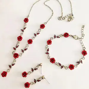 LUOXIN Vintage Leaf Red Rose Flower Pendant Necklace Earrings Wedding Jewelry Set