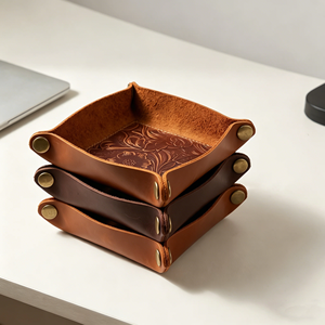 Vintage Crazy Horse Leather Catchall Tray Hand-Tooled Top Grain Cowhide Key Coin Dish <b>Rustic</b> Entryway Organizer - Product Image 1