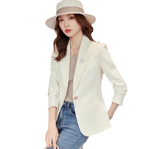 Off White Long Sleeve Blazer For Women Slim Fit Solid Color Polyester Worsted Casual Suit Jacket Autumn 2023 - Product Image 5