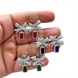 Attractive Silver Plated Zircon <b>Stud</b> Earrings Bowknot Shape <b>Emerald</b> Cut Women's Party Jewelry Cute Fashion Earrings - Product Image 2