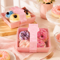 Boîtes à mini-beignets roses en gros, très demandées, avec base en papier et couvercle transparent en PET, personnalisables, pour la vente à emporter et l'emballage cadeau de boulangerie
