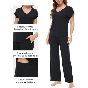 Ensemble pyjama femme en bambou doux, vêtements de nuit et de maison, haut à manches courtes et pantalon en viscose de bambou - Product Image 4