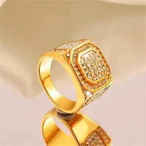 18K Gold Plated Fashion Jewelry Rings Chunky Full Diamond Stainless Steel Women Men Ring