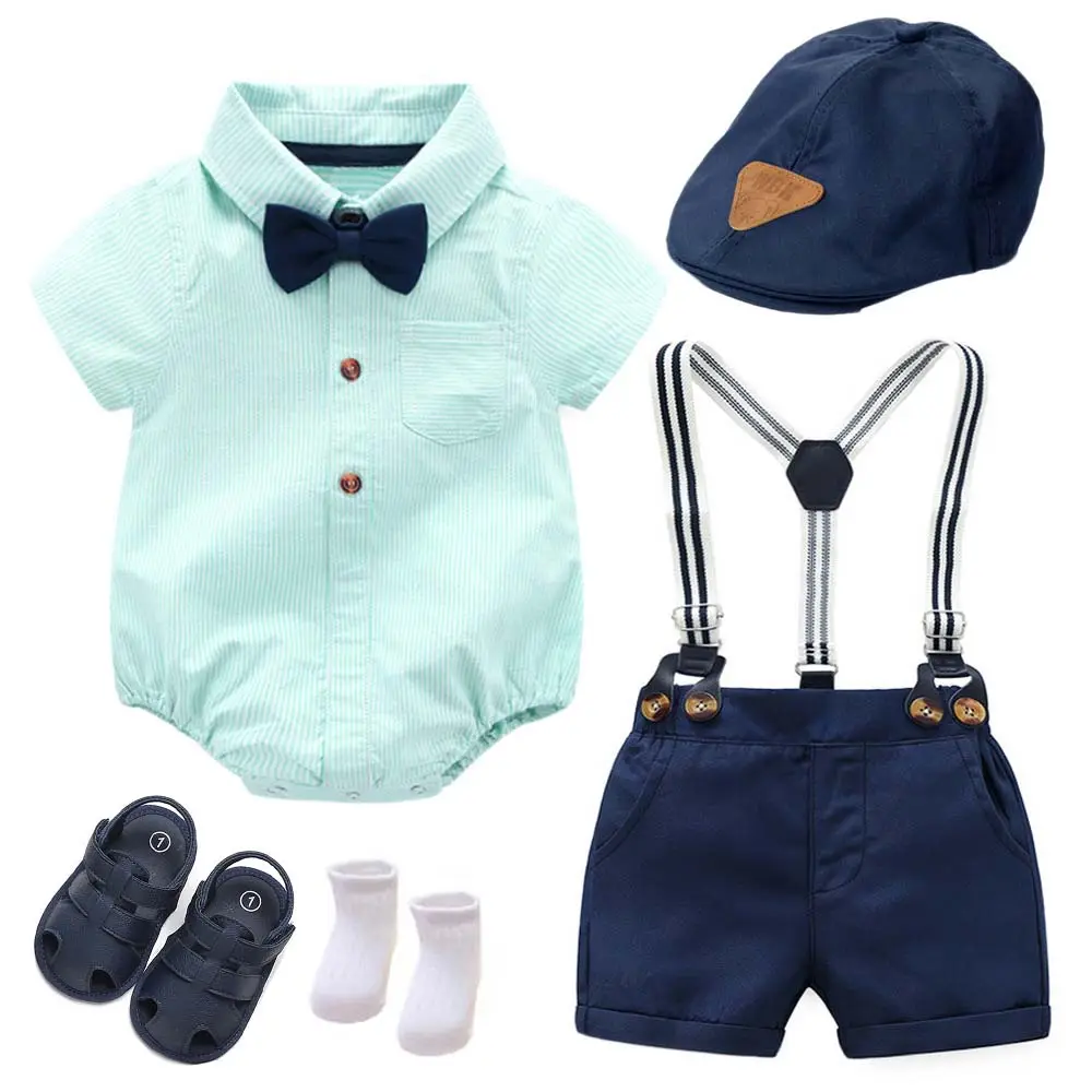 Verão Infantil Criança Roupas Set Atacado Algodão Bebê Menino Roupas Manga Curta Bowtie Romper Suspenders Shorts Outfit Set