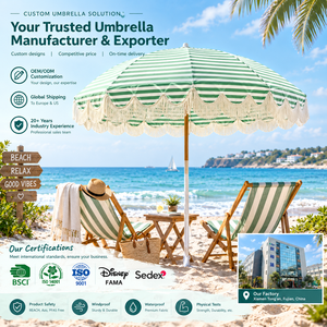 Sombrilla de Playa con Flecos y Estampado Digital Personalizado 2026, 8 Varillas, Protección UV50+, Resistente al Viento, Poste de Madera de Haya, 200cm, Parasol <span class=keywords><strong>para</strong></span> <span class=keywords><strong>Patio</strong></span>, Venta al Por Mayor - Product Image 1