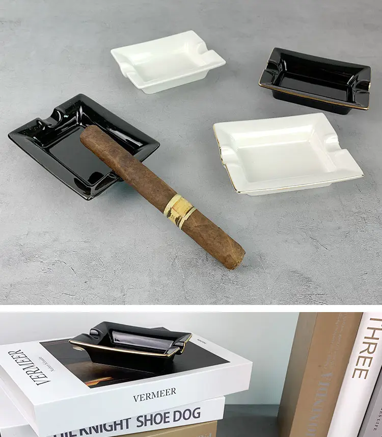 European Style Gold Rimmed Small Size Creative Custom Logo Rectangle Ceramic Smoking Cigar Ashtray