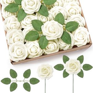 Fleurs artificielles Lifewit, 25 pièces, roses en mousse ivoire, aspect réaliste, tiges rustiques, romantiques, européennes, fausses roses, bouquets <span class=keywords><strong>de</strong></span> <span class=keywords><strong>mariage</strong></span> DIY - Product Image 1