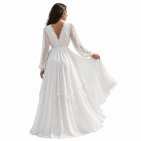 Robe longue de soirée pour femme en mousseline multicouche 120 GSM, manches transparentes, col en V, bordure en dentelle florale, style personnalisé OEM, vente en gros