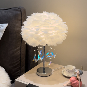 Feather Table Lamp With Crystal Butterflies LED Warm <b>Light</b> Bedroom Bedside Decoration Creamy Style Romantic Atmosphere Lamp - Product Image 3