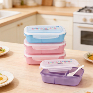 4 Compartment Sealed Plastic <b>Lunch</b> <b>Box</b> Rectangle With Snap Lock Lid For Students And Gifts - Product Image 1