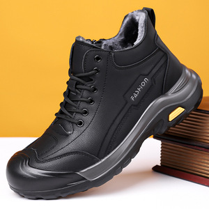 Bottes Martin pour hommes, automne-hiver, à semelle épaisse, hautes, doublées de polaire, chaussures de randonnée, vêtements décontractés d'extérieur, noir, gris - Product Image 1