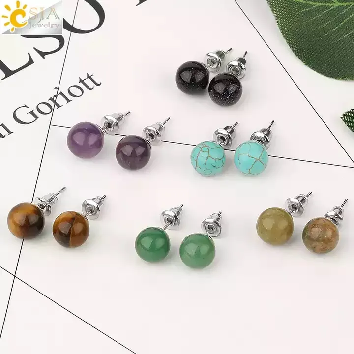 CSJA Wholesale Fashion Jewelry Natural Stone Amethyst Turquoise Crystal Quartz Stud Earrings For Women Girls G199