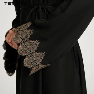 Women Black Chiffon Abaya Rhinestone Gold Floral Lace Applique Flared <b>Bell</b> Sleeve Self-Tie Waist Modest Luxury Evening Dress - Product Image 5