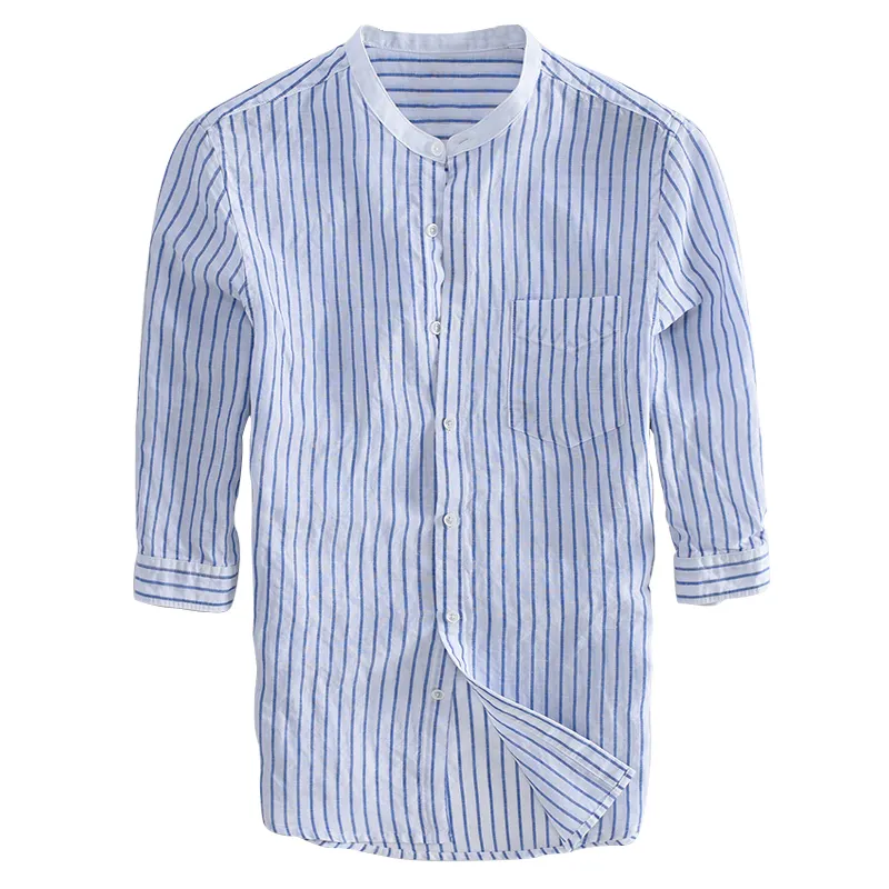 Latest Standing Collar Half Sleeve Fashion Slim Stripe Linen Casual Shirts 100% Cotton Unisex for Men