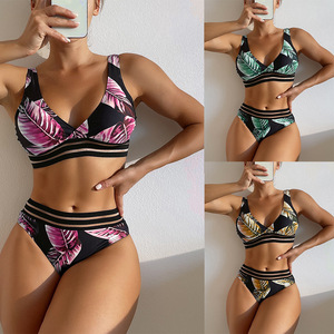 NEW Sexy Solid Prints High Waist Lace Stitching Backless V-neck Halter Two Piece <b>Bikini</b> Beachwear Swimsuit Custom Women Swimwear - Product Image 3