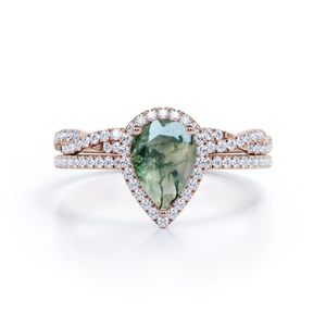 Shama Gems 1.5 Carat Pear Cut Moss Agate Bridal <b>Set</b> 925 Sterling <b>Silver</b> White Gold Plated Engraved Classic <b>Ring</b> - Product Image 3