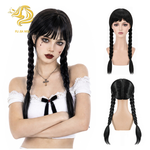 <span class=keywords><strong>Perruque</strong></span> Wednesday Addams noire à double tresses avec frange, <span class=keywords><strong>perruque</strong></span> synthétique pour femmes, costume de cosplay d'Halloween - Product Image 1