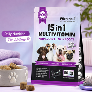 วิตามินสำหรับสุนัข Oimmal ODM แบบเคี้ยว 15-in-1 มัลติวิตามินพร้อมโปรไบโอติก กลูโคซามีน คอนดรอยติน อาหารเสริมสำหรับสัตว์เลี้ยงแบบกำหนดเอง แบรนด์ส่วนตัว - Product Image 1