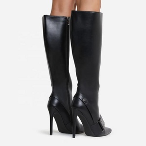 Light Denim Blue Women Buckles Knee High Boots Stiletto Thin Heels <b>Shoes</b> Side Zipper Point Toe Long Booties - Product Image 5