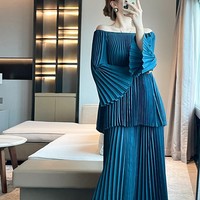 Miyake pantalon plissé à jambes larges Boutique de luxe haut à manches à volants décontracté ample col rond élégant 2 pièces ensemble robes pour femmes
