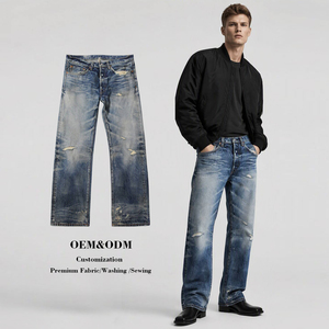 Jeans Bootcut Déchirés Bleu Délavé Groovy Guys pour Hommes, Pantalon en Denim à Jambe Droite Effet Usé, Logo Personnalisé, Vente en Gros de Jeans en Denim pour Hommes - Product Image 1