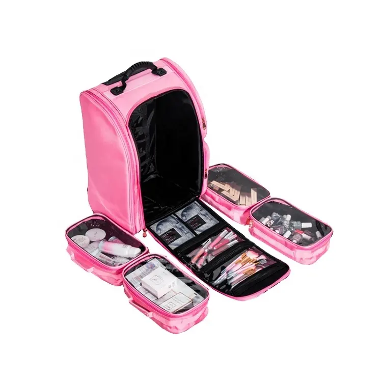 4 개의 독립적인 화장용 주머니를 가진 분홍색 메이크업 트롤리 상자 FAMA 공장 직업적인 머리 복장 허영 상자 여행 책가방
