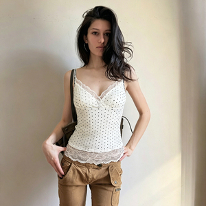 Pure Sexy Polka Dot Lace Patchwork V Neck Cami Top Hot Girl Fashion Slim Fit Open Back Layering Vest - Product Image 2